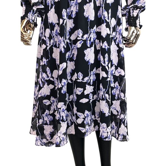 O.P.T Anthropologie Black Purple Floral Smocked Midi Dress Long Sleeve M - Picture 5 of 10